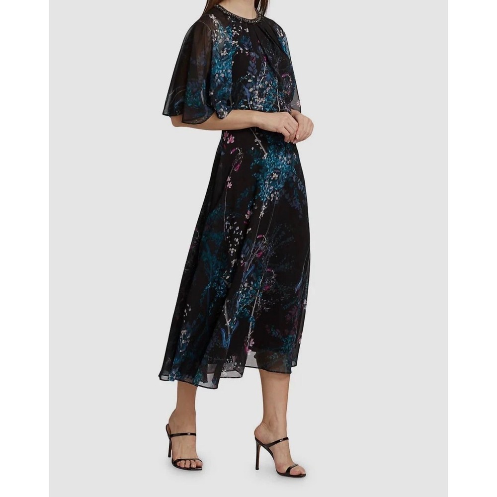Teri Jon Midi Dress Chiffon Capulet Floral Women's Size 4 Designer Luxury NWT